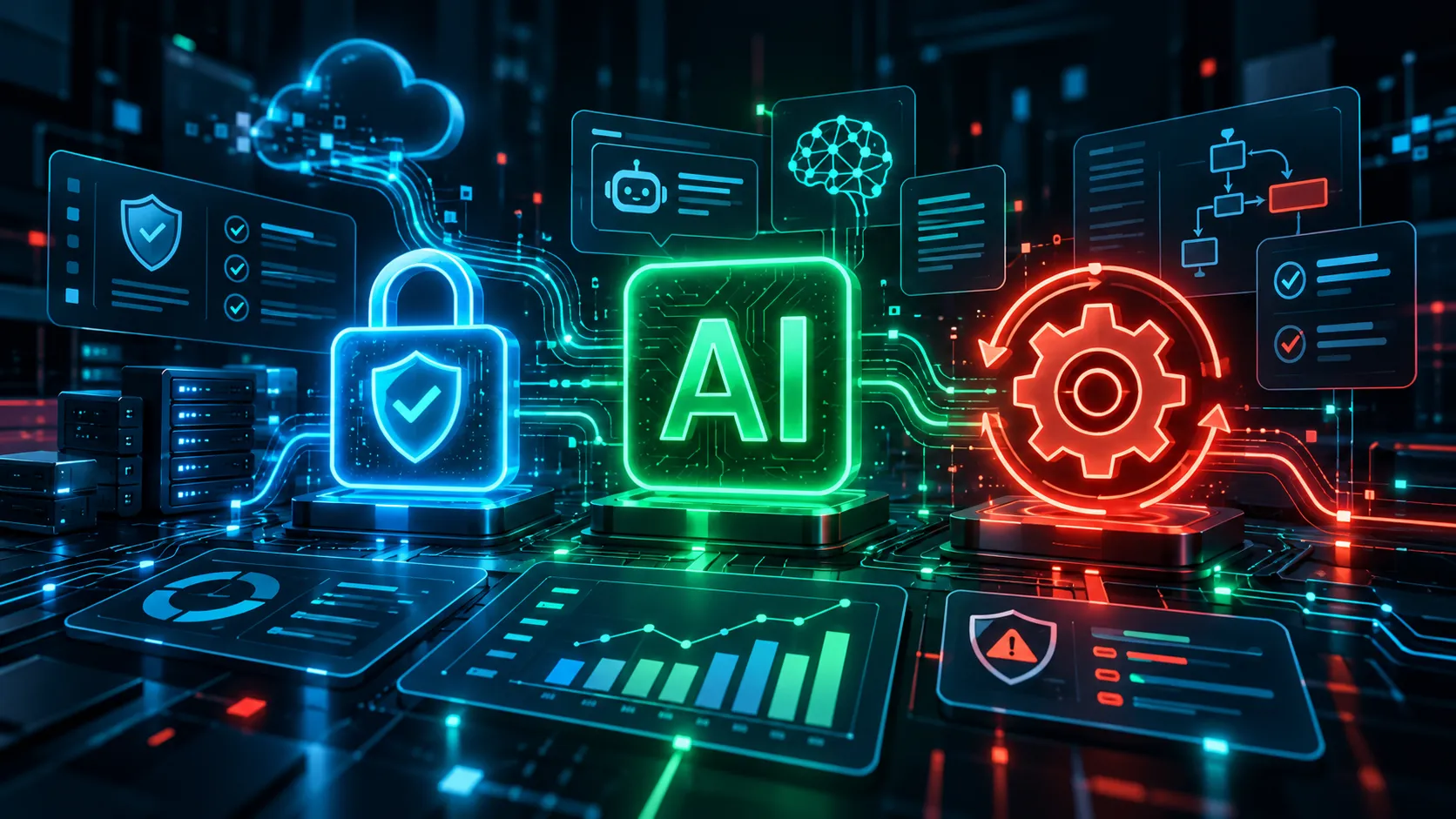 Illustration du trio cybersécurité, automatisation et IA